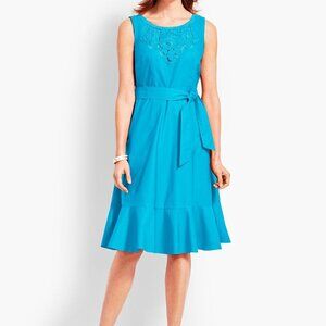 Women's Talbots Turquoise Embroidered Sateen Fit & Flare Tie Waist Dress Size 8P